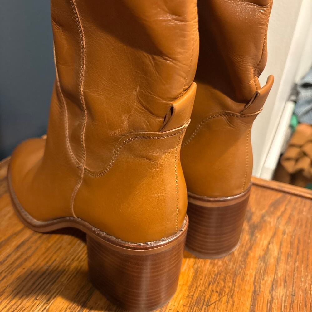 Zara Leather Knee High Block Heel Pull On Boots - Picture 12 of 15